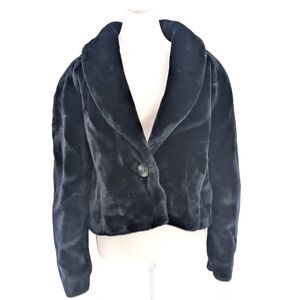 Vintage Black Faux Fur Cropped Button Coat Made in USA Size Large